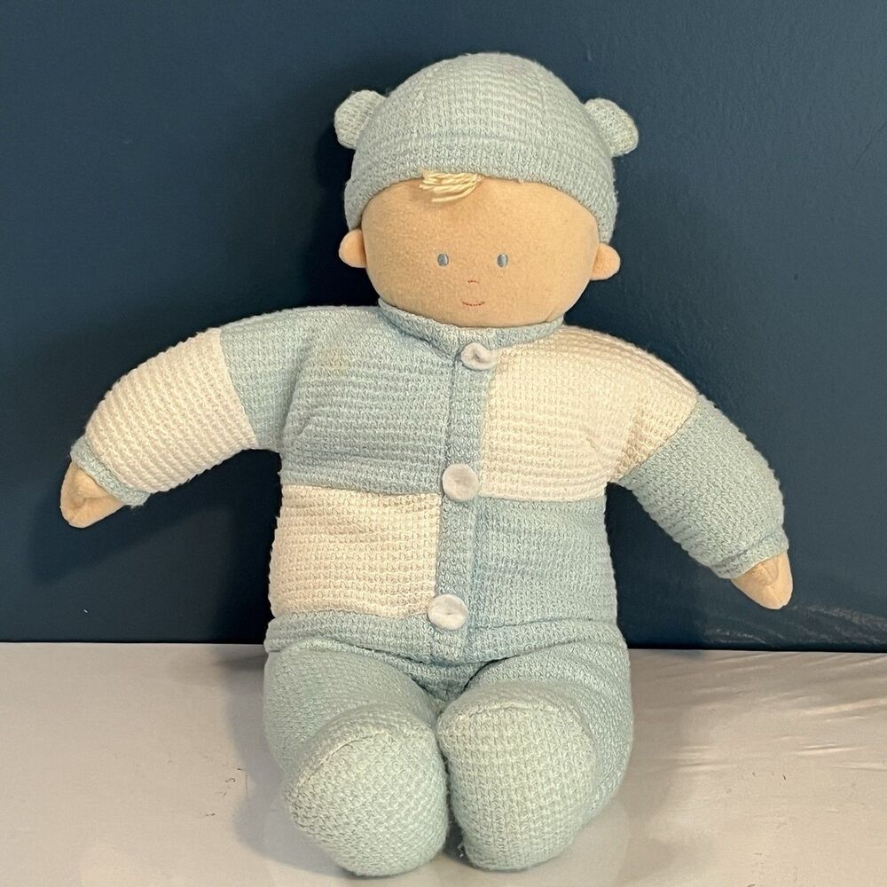 Baby Gund Snugalittle Boy Doll Plush Lovey Blue White Waffle EUC